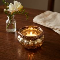 Product Tealight glass champagne antique gold with metal rim Ø6cm H3.5cm