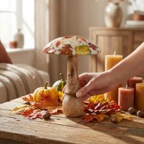 Product Wooden mushroom deco autumn leaves white, colorful autumn decoration Ø13cm H19cm