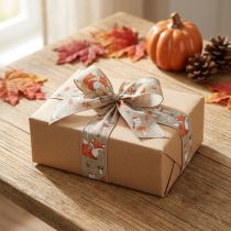 Product Gift ribbon autumn with fox and mushrooms linen grey 40mm 15m