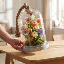 Product Glass bell with concrete look plate and rope Ø17cm H28cm