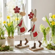 Product Easter decoration, rabbit made of metal, spring decoration, Easter bunny with flower red, beige H21cm 2pcs
