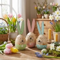 Product Easter bunny with glasses decorative figure wooden egg Ø5cm H13.5cm 3pcs
