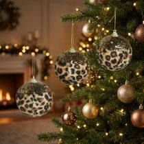 Product Christmas Baubles Leopard Pattern with Gold Glitter 7cm Set of 3