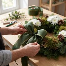 Product Wreath ribbon moiré dark green 100mm decorative ribbon taffeta ribbon