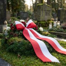 Product Moiré wreath ribbon, mourning ribbon white-red, decorative ribbon 150mm, memorial ribbon mourning fleur, acetate taffeta 25m