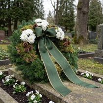 Product Moiré wreath ribbon, 150mm, dark green with gold pearl edge, taffeta weave, 25m roll for decoration and design