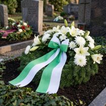 Product Moiré wreath ribbon green-white 150mm, decorative ribbon, bow ribbon, taffeta quality 25m