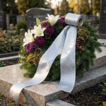 Product Satin wreath ribbon, silver, 100mm wide, 25m long, for funeral wreaths, memorial wreaths &amp; anniversaries, weatherproof &amp; compostable