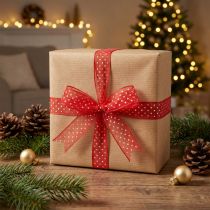 Product Ribbon with polka dot pattern for versatile seasonal gift wrapping, 1.5cm wide, 20m long