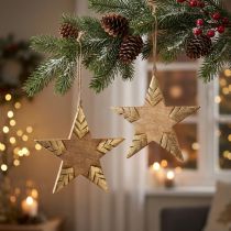 Product Star mango wood natural, golden wooden star large to hang 25cm 2pcs