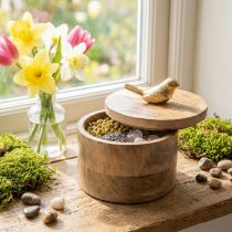 Product Jewelry box with bird, spring, deco box made of mango wood, real wood natural, golden H11cm Ø12cm