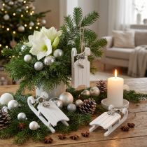 Product Decorative Sleigh White Silver with Bell Cord L13cm 4 Pcs