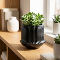 Product Flower pot ceramic planter grooves black Ø10cm H8.5cm