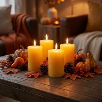 Product Yellow Rustic Pillar Candles 80x110mm 4-pack Safe Candle - Burning time 57h, RAL quality