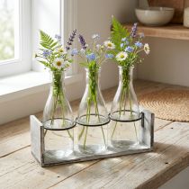 Product Rustic bottle set in wooden carrier – 3 glass bottles, grey-white, 24x8x20 cm – Versatile for decoration