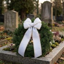 Product White moiré wreath ribbon with pearl edge and taffeta binding, decorative ribbon, mourning ribbon, width 100mm, length 25m