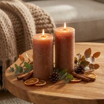 Product Solid-colored caramel pillar candles, 85x200mm, set of 2, rustic &amp; romantic for decoration and lighting