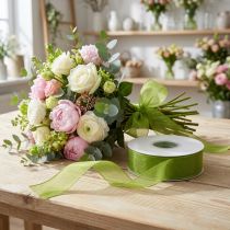 Product Organza ribbon green gift ribbon woven edge olive green 25mm 50m