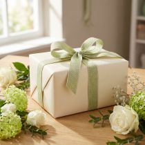 Product Gift Ribbon Herringbone Pattern Decorative Ribbon White Green 25mm 15m