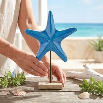 Product Decorative starfish on base wood natural blue Ø22cm H32cm