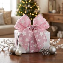 Product Christmas ribbon wire edge pink white star W25mm L15m