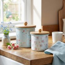 Product Enamel box with lid wood flower pattern H10/12cm set of 2