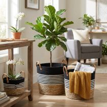 Product Set of 3 storage baskets with handles, plant basket &amp; storage container, black and white, natural finish, stackable, Ø32/28/23cm, H30/25/19cm