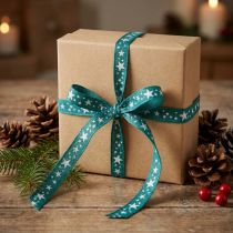 Product Jute ribbon with star motif petrol green 15mm 15m