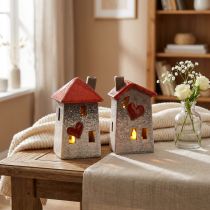 Product Loving ceramic houses – heart design, red &amp; natural, 17.5 cm – romantic decoration for the home 2 pieces
