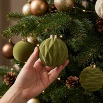 Product Set of 12 Moss Green Flocked Christmas Baubles, 8cm, Plastic