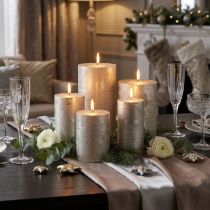 Product Platinum-colored pillar candles in various sizes for elegant decoration