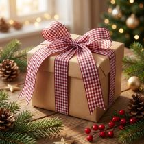 Product Gift ribbon check Bordeaux 25mm 20m