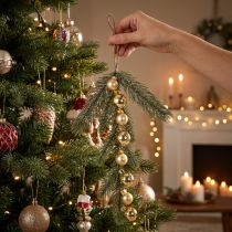 Product Artificial fir branch with gold-colored mini Christmas tree baubles, 46cm, 2 pieces
