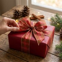 Product Festive checked gift ribbon red green gold 40mm 20m