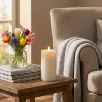 Product White Real Wax LED Pillar Candle, 15 cm, with Warm White Light and Timer for Indoor Decor
