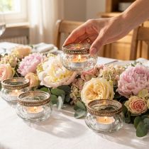 Product Set of 4 Clear Glass Tealight Holders with Silver Metal Rim, 6 x 3 cm
