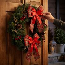 Product Red Checked Polyester Christmas Bows, 20 × 29 cm, 6 cm Ribbon, Outdoor Decoration, Pack of 2