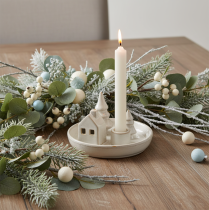 Product Ceramic Candle Holder with House and Trees, 16 cm, Grey-White