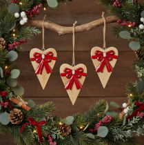 Product Wooden heart with bow, hanging heart, 14cm, 3 pieces