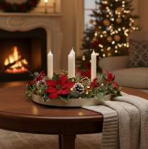 Product Round Wooden Candle Tray for Four Taper Candles - 30cm
