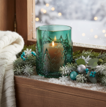 Product Glass Lantern with Pine Tree Relief Design, 16cm, Turquoise Green, Indoor Festive Decoration