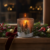 Product Glass Lantern with Winter Forest Design, 15cm, Multicolour, Indoor Tealight Holder
