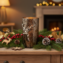 Product Glass Lantern with Deer Head and Tree Reliefs, 26cm, Green-Brown, Indoor Decoration