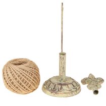 Product Antique decorative metal thread spool holder with lily and jute 20.5cm