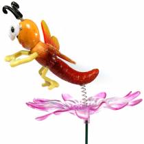 Garden plug dragonfly on flower with metal spring orange, pink H74cm