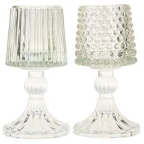 Product Glass tealight holder with base dots and grooves H15cm 2pcs