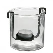 Lantern glass with tea light holder black metal Ø9×H10cm