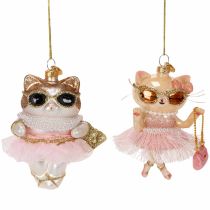 Product Hand-Painted Glass Cat Christmas Tree Ornaments with Tutu, 11 cm, Set of 2