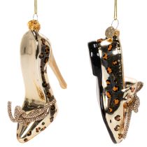 Product Glass Shoe Ornaments with Leopard Print, Gold-Colored Glass, 13 cm, Set of 2