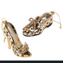 Product Glass Shoe Ornaments with Leopard Print, Gold-Colored Glass, 13 cm, Set of 2